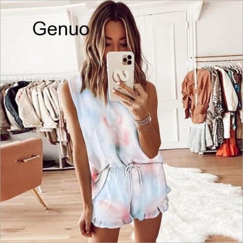 Tie Dye Print Lounge wear Set Two Pieces Women Vest Crop Top Shorts Suits Tracksuit Casual 2Pcs Outfits Female Plus Size 2020