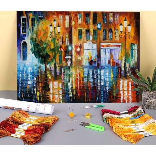 Rainy City Printed Water-Soluble Canvas 11CT Cross Stitch Patterns Embroidery DMC Threads Craft Handiwork Handmade Sales