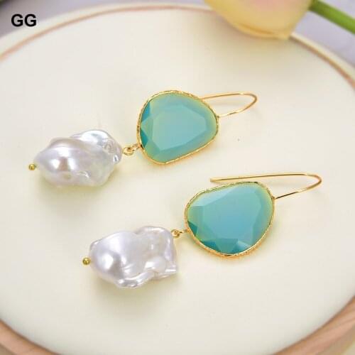 GuaiGuai Jewelry Natural White Keshi Pearl Light Green Crystal Earrings