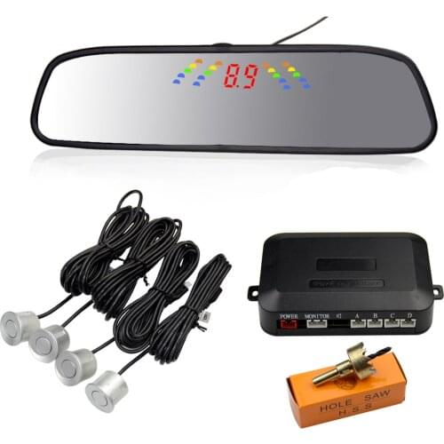 Wire Parking Mirror+ 4 Sensor Digital Car Radar System Buzzer LED Display X Y 60 degrees Sensor angle Mirror 28.8*7.5cm PZ306