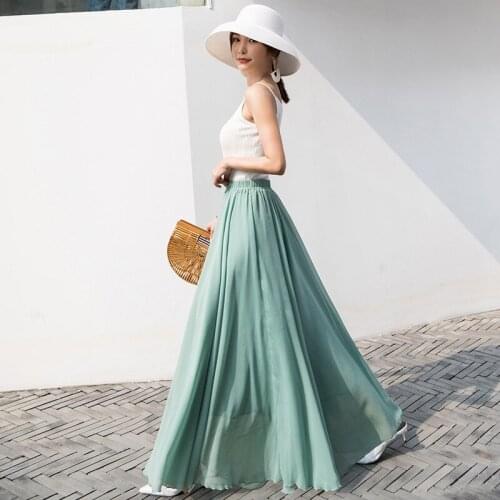 New Chiffon Long Skirt for Women 2021 Summer New Elastic High Waist Solid A Line Maxi Skirt Bohemian Boho Skirt Saias