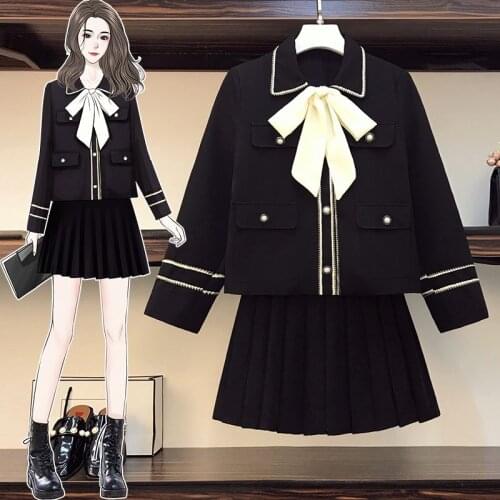 Womens Autumn Suits New Fashion Bow Tie Suit + Pleated Skirt Two-piece Sets Female OL High Quality
