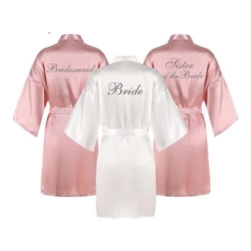 Dusty pink robes women silver writing party bride dressing gown satin silk short wedding gift bridesmaid team bride bathrobe
