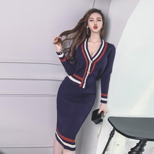 Women Elegant Stripe Splice 2 Piece Set Korea Chic Autumn Winter Temperament V Knitted Cardigan High Waist Midi Bodycon Skirt
