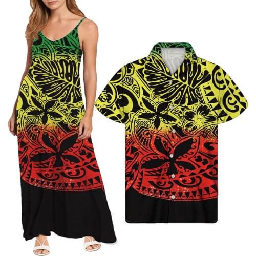 Hycool Gradient Polynesian Tribal Print Sexy Spaghetti Strap Maxi Beach Sundress Women Elegant Long Dresses Match Men 5xl Shirt