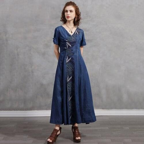 SeeBeautiful Vintage Embroidery A-line Denim Dress V-neck Short Sleeve Single Breasted New Fashion 2021 Spring Women E170