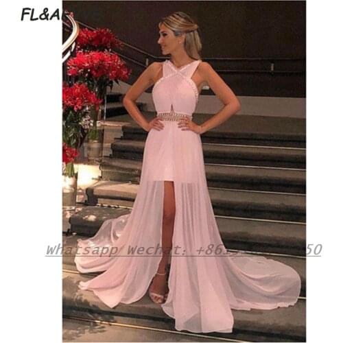 Pink Two Pieces Evening Dress 2021 Chiffon Floor Length Sweep Train Split Formal Evening Gown for Women
