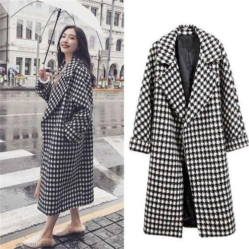 Winter Coat Long Wool Jacket Women Fashion Notched Collar Houndstooth Pattern Woolen Jacket Streetwear Winter Overcoat A1433