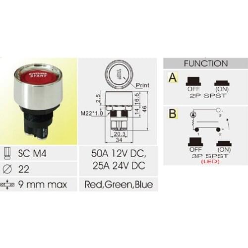1x Engine Start Push Switch Multifunctional 50A for Vehicle Car, Universal, Red