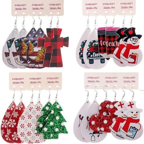 3 Pairs Shiny Glitter Christmas PU Leather Earrings for Women Girls Snowflake Snowman Drop-shaped Earrings Fashion Jewelry Gift