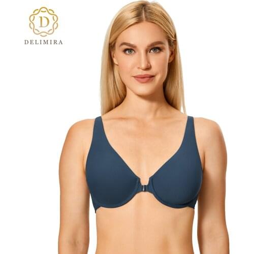 DELIMIRA Womens Front Closure Seamless Bra Racerback Underwire Unlined Plus Size Wide Strap