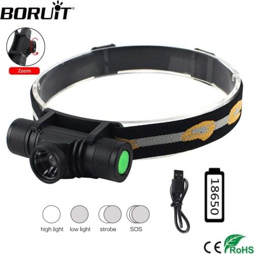 BORUiT D20 XPG LED Powerful Headlamp 4-Mode Zoom 1000LM Headlight Rechargesble 18650 Waterproof Head Torch for Camping Hunting