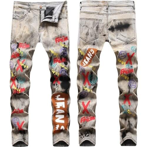 Retro distressed mens jeans European and American locomotive graffiti printed letters stretch hip-hop casual denim trousers