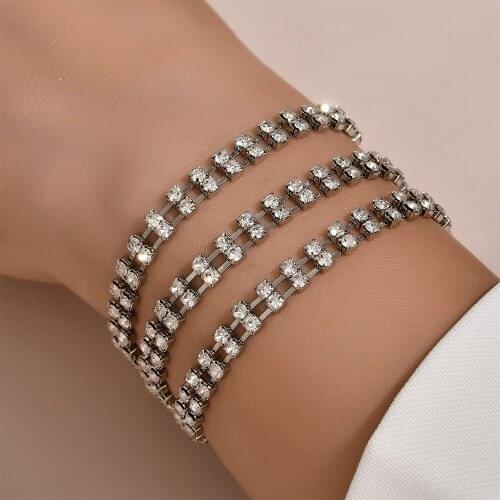 Elegant 2 Rows Rhinestone Long Hand Chain Bracelets Jewelry for Women Luxury Crystal Bracelet Bangle Wristband Hand Accessories