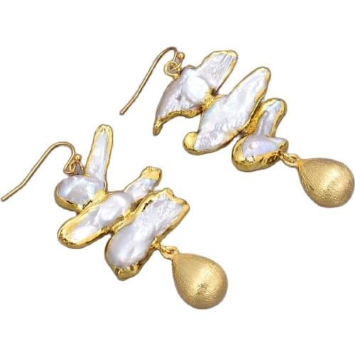 JK Natural 10x20mm White Biwa Pearl Yellow Golden Water drop drawing process Beads Plated Hook Earrings