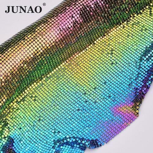 JUNAO 45*150cm Gitter Colorful AB Rhinestone Trim Fabric Sheet Aluminum Metal Mesh Diamond Strass Banding For Decoration