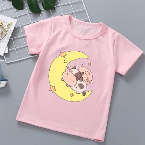 Kawaii girls t-shirts cute cows and pigs on the moon cartoon print girl clothes summer fashion aesthetic girls pink shirt tops