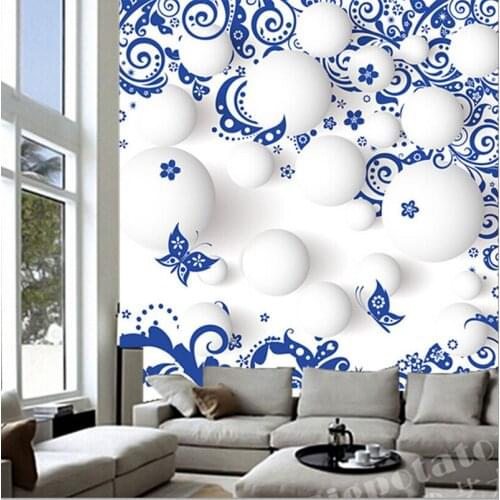Custom Chinese 3d white ball blue and white porcelain murals,hotel restaurant coffee shop living room TV wall bedroom wallpaper
