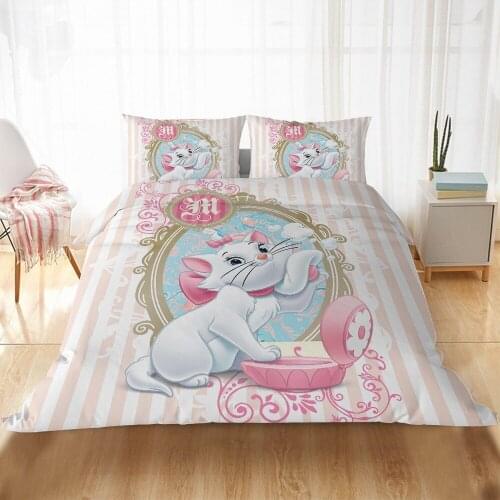 Disney Cartoon Cute Mary Cat Bedding Set for Kids Girls White Pink Comfortable Down Covered Pillowcase Deluxe Bedroom Decoration