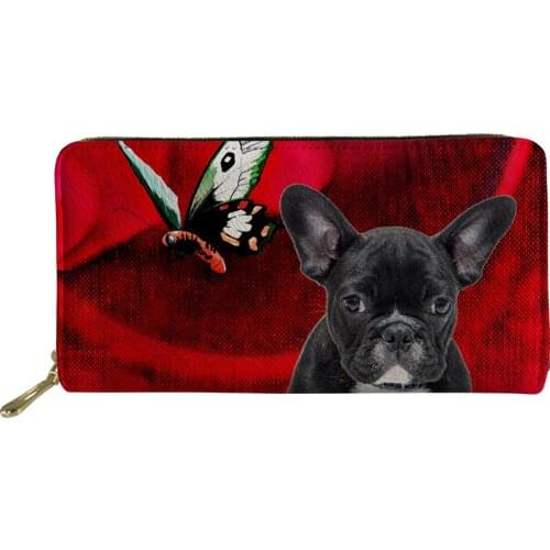 Women Red Wallets PU Leather Cute Money Bag for Lady Girls Card Holder Zipper Long Wallet Stylish Bulldog Print Phone Coin Purse
