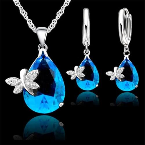 Fashion Elegant Blue Water Drop Cubic Zirconia Jewelry Sets 925 Sterling Silver with Butterfly for Women Wedding Jewelry