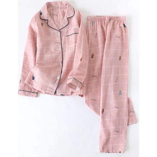 Fashion Couple Conch Lattice Pajamas Set 100% Cotton Gauze Ladies Long Sleeve Trousers Pajamas Home Service Men Loose