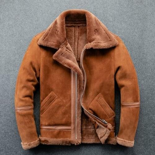 Sheep Mens Shearling Lambskin Warm Jacket Original Male Fur Double Faced Fur Genuine Leather Jacket Brown