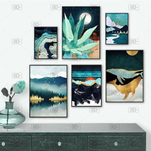 Mountain Sea Forest Cactus Abstract Landscape Wall Art Canvas Painting Nordic Posters Prints Wall Pictures for Living Room Decor