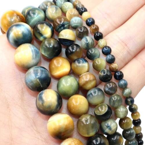 Natural Stone Gold Blue Tiger Eye Agates Round Loose Beads 4 6 8 10 12 MM Pick Size For Jewelry Making DIY Bracelet Necklace