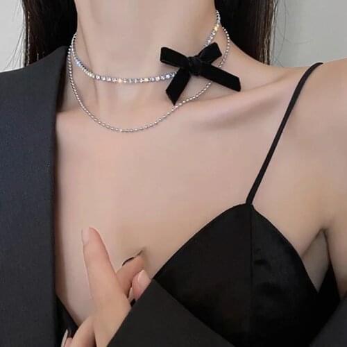 Neo-Gothic Jewelry 2020 Autumn/Winter Black Bow Double Rhinestone Fringe Necklace Choker Evening Dresses Featured Accessories