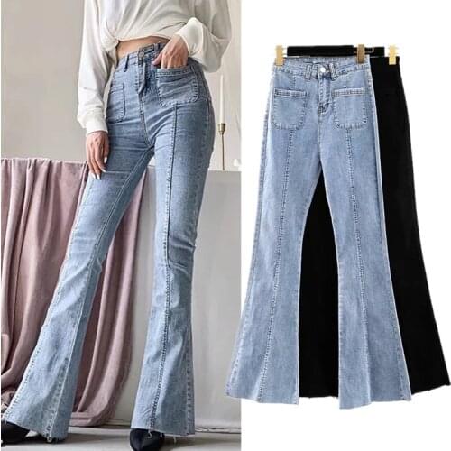 Autumn and winter new European and American style high waist stretch horn jeans women, Slim long legs solid color jeans women