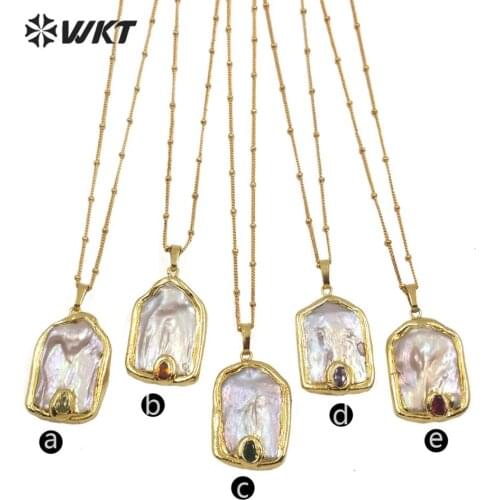 WT-MN958 WKT Natural Pearl Necklace Square Pearl Necklace Pearl&Cubic Zirconia Gold Electroplated Women Fashion Necklace Jewelry