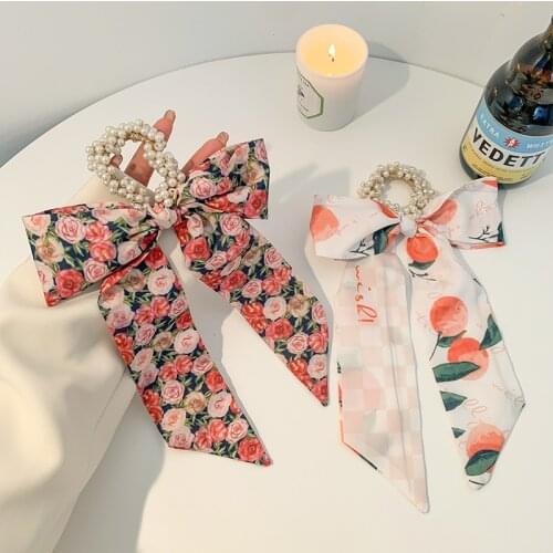 Sweet Fruit Pearl Hair Ribbon Headband Elastic Hair Band for Girls Korea Style Cute Floral Print Bow Hair Tie Turban Wholesale