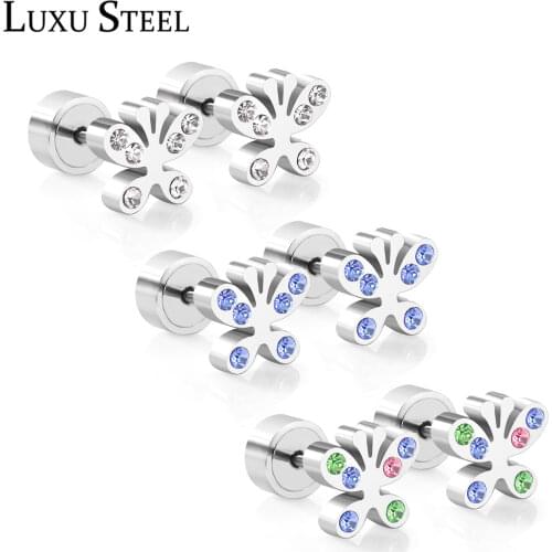 LUXUSTEEL Butterfly Earrings Stainless Steel Anit-allery Cubic Zirconia Plus Back Stud Earring Silver Color Baby Girl Earrings