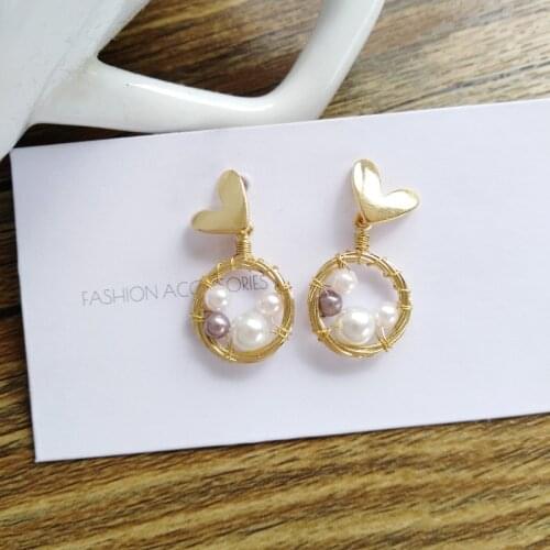 S925 needle Cute Dangle Earings Delicate Jewelry Heart With Round Metal Circle Twist With Simulated Pearls Drop Earrings Gift