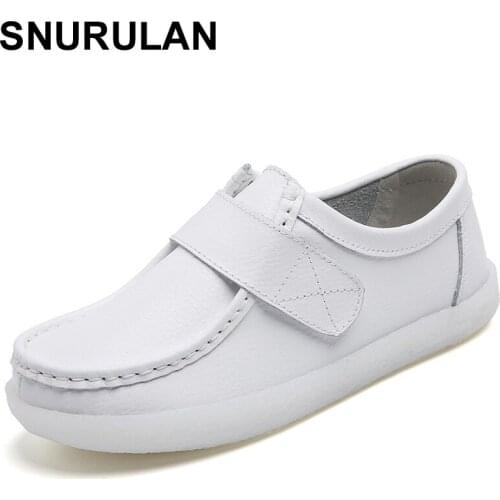 SNURULAN White Genuine Leather Platform Nurse Shoes Women Round Toe Soft Cowhide Thick Velcro Flat Shoe Ballerine Mocasines Chun