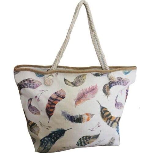 Bag With Painted Feathers Indian Tribal Beach Large Shopper Painted Canvas Rope Bohemia