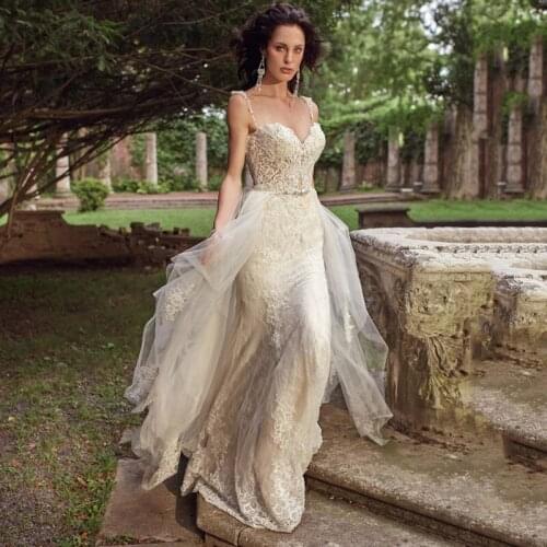 Thinyfull Sexy Backless Sweetheart Wedding Dresses Mermaid Spaghetti Straps Bride Dresses Tulle Lace Appliques Bridal Gown 2020