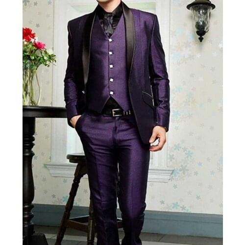 High Quality One Button Purple Groom Tuxedos Shawl Lapel Groomsmen Mens Wedding Dresses Prom Suits (Jacket+Pants+Vest+Tie)