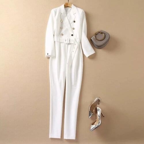 High Quality Jumpuits 2021 Autumn Style Women Notched Collar Button Deco Long Sleeve Casual Black White Long Jumpsuit Rompers