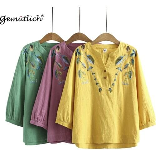 GEMUTLICH Women Big Size Long Sleeves Embroidery Blouse O-Neck Collar Autumn Cotton Linen Mother Top Shirt Pullover New