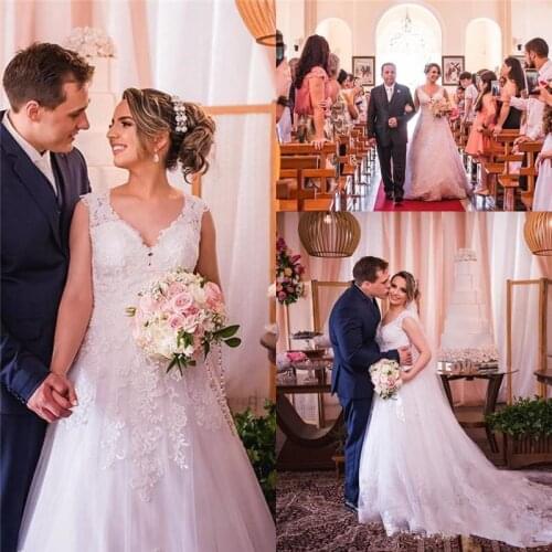 White Princess wedding gown Tulle sweep Train V-neck Appliques lace Wedding Dresses Bridal Gowns Vestidos De Novia plus size