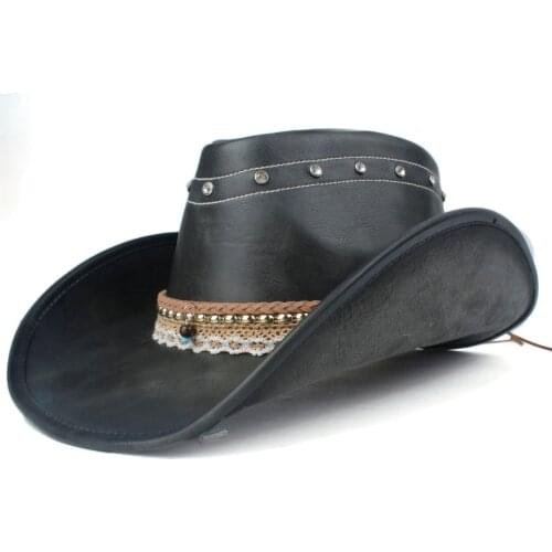 100% Leather Men Women Black Western Cowboy Hats Wide Brim Hat Outdoor Performance Cowgirl Hat