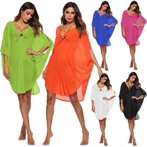 2018 Summer Women Clothing Sexy Deep V-neck Swimsuit Bikini Beach Cover Up Dress Female Solid Loose Beachwear Girls Beach Dress
