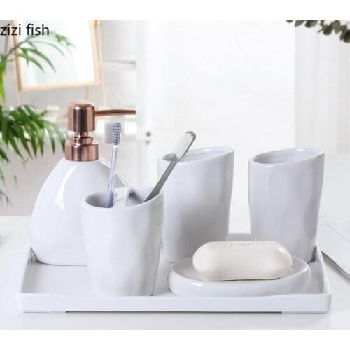 White Ceramic Bathroom Set Press Emulsion Dispenser Container Toothbrush Holder Soap Bathroom Set Bathroom Decoration
