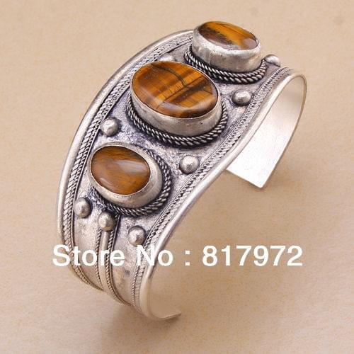 Bling oval Coffee opal bead inlay tibet silver cuff bracelet guarantee Adjustable Party Gift Style &6YB00044