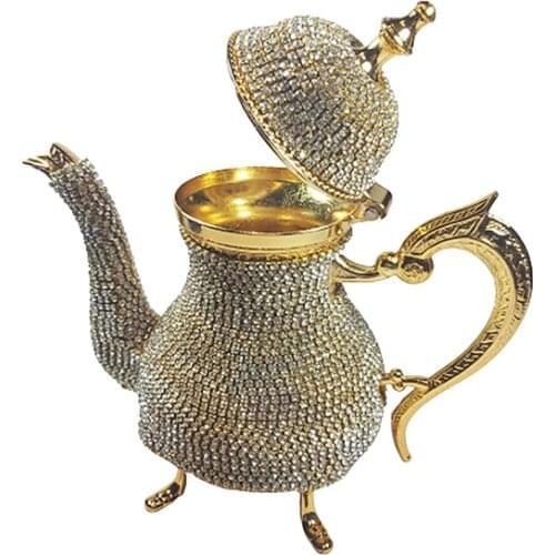 Handmade Swarovski Stones Coated Zinc Casting Tea Gold Color Silver Turkish Teapots Arabic Tea Pot Tea Set Traditional Crystal