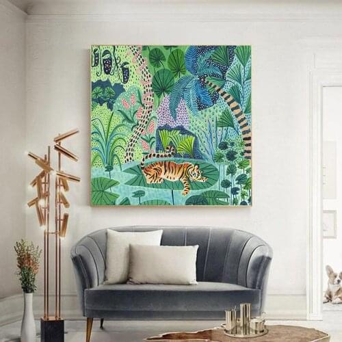 Jungle Tiger Print Green Forest Animal Posters and Prints Tropical Botanical Decorative Wall Art Pictures for Living Room Decor