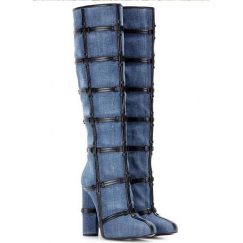 Rough high heels knee high boots black leather chains decoration blue denim boots for woman winter long boots