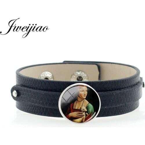 JWEIJIAO Classical French Art Women Oil Painting Glass Pattern Bracelet Handmade Snap Button Black Leather Bangles Souvenir PE36